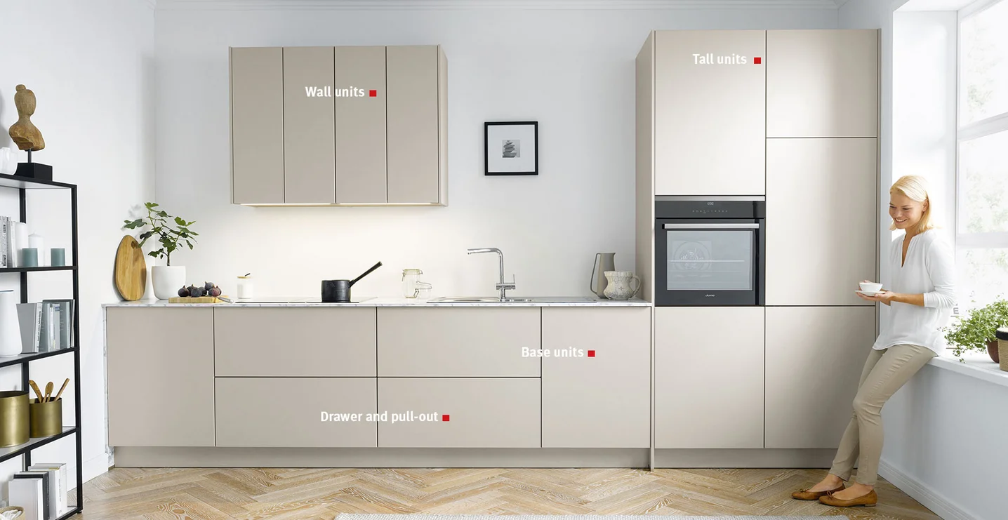 Küchen mit Oberschrank, Hochschrank und Unterschrank