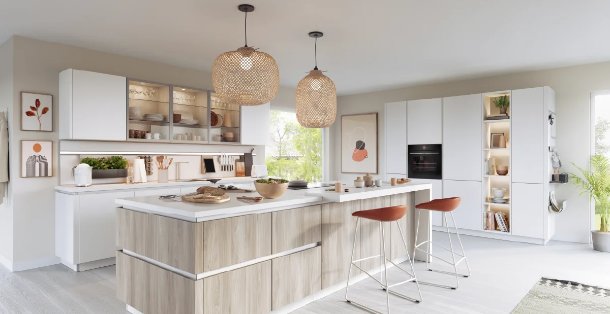 white modern kitchen with cooking island